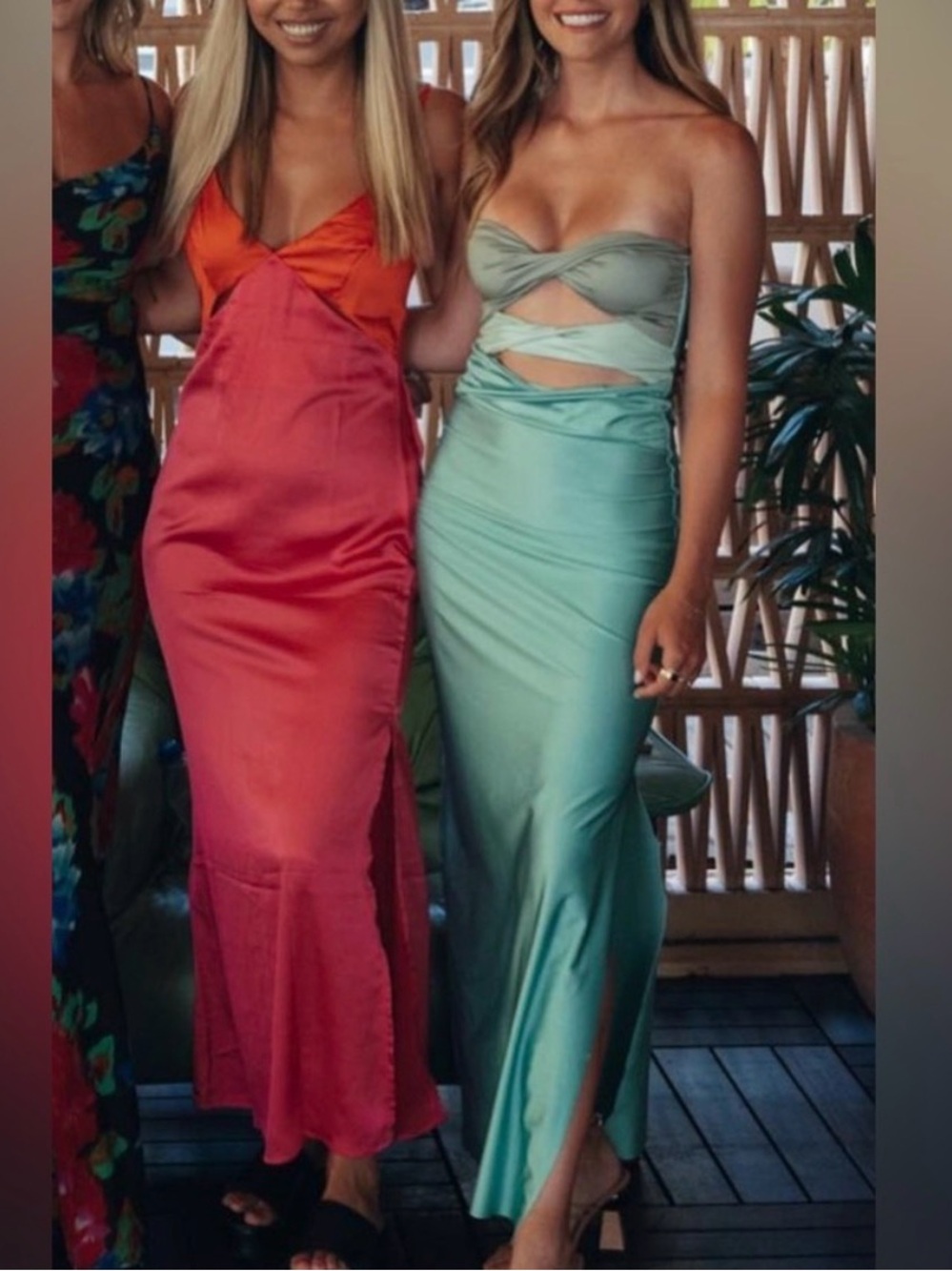 Baobab Collection Strapless Satin Maxi Dress in Coral and Mint